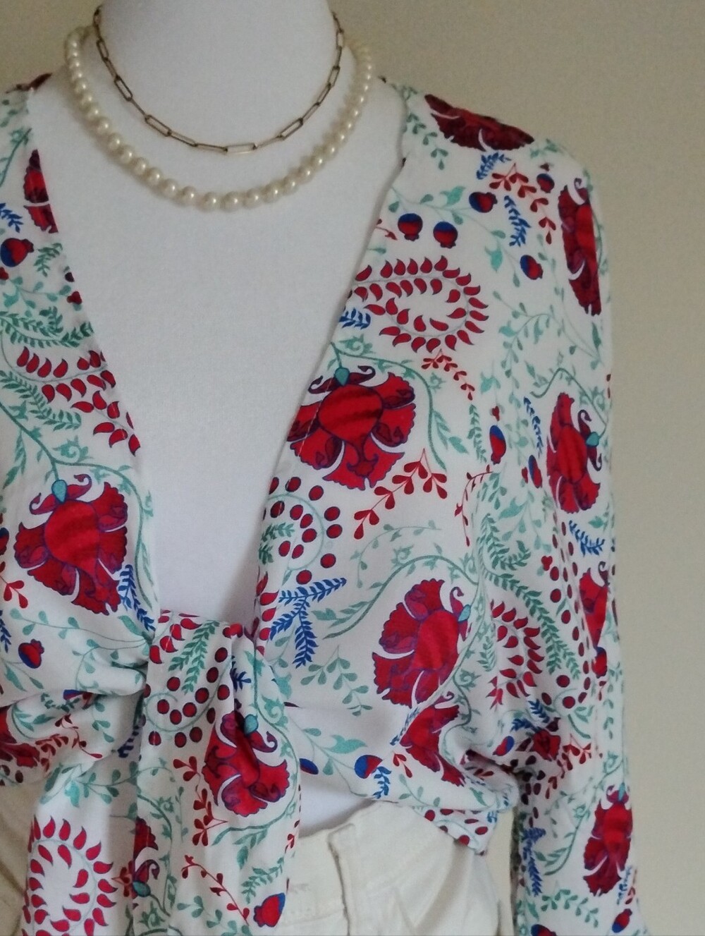 Toluca Wrap Kimono Top Beach Coastal Colorful Floral Red White Blue Size Medium